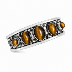 Brazalete Bohemio de Cinco Piedras de Ojo de Tigre Natural, Brazalete Ancho de Latón Hecho a Mano, Joyería Artesanal con Piedras Preciosas, Plata/Oro - Product Image 1