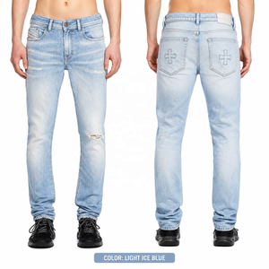 Jean en denim délavé bleu glace pour homme, coupe slim, taille mi-haute, extensible, longueur complète, coton lavé, cinq poches, style streetwear décontracté - Product Image 1