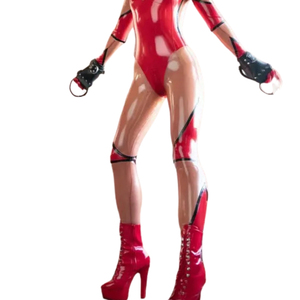 Mono de látex rojo para mujer, sin mangas, largo hasta el suelo, ajustado, para discoteca, con guantes y botas negras - Product Image 5