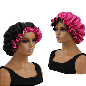 Reversible Satin Silk <b>Bonnet</b> Women Double Color Black Pink Extra Large Sleep Cap Double Layer Hair Protection Daily Four Seasons - Product Image 5