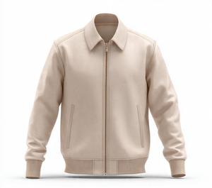 เสื้อแจ็คเก็ตบอมเบอร์ผู้ชายสีเบจ หนัง PU ปกคอพับ ปิดด้วยซิป สไตล์ลำลอง ทรงปกติ ใส่ได้ในฤดูใบไม้ร่วง - Product Image 1