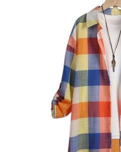 Vestido Camisero Largo a Cuadros Multicolor Personalizado para Mujer, Estilo Túnica Casual con Botones, Holgado y de Gran Tamaño, en Algodón y Lino - Product Image 3