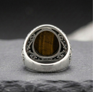 Anillo de Plata de Ley 925 para Hombre con Piedra de Ojo de Tigre Natural Redonda de 12 mm, Engaste de Bisel, Estilo Clásico para Uso Diario - Product Image 3