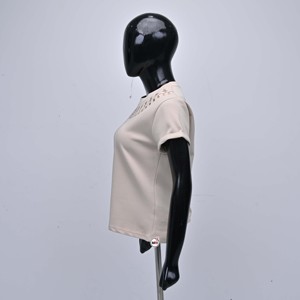 Camiseta de Mujer de Alta Calidad, Bordada, Manga Corta, Cuello Redondo, 95% Algodón, 5% Elastano, Color Sólido, Tejido de Punto, Personalizable, Informal, Verano - Product Image 4