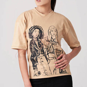 T-shirt court pour femme avec deux imprimés graphiques féminins, col rond, coupe ample, style décontracté, manches courtes, 100% coton - Product Image 4