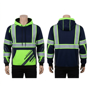 <b>Mens</b> 340 GSM Cotton Polyester <b>Fleece</b> <b>Work</b> Hoodie Yellow Navy Contrast Panel Reflective Tape Custom Embroidery Print - Product Image 4