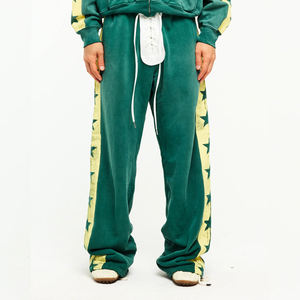 Green Wide Leg Fleece Pants With Yellow Star Side <b>Stripe</b> Drawstring Waist Casual Autumn Loose Fit Full Length Knitted Cotton - Product Image 4
