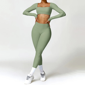 Seamless Women Yoga <b>Set</b> <b>Square</b> Neck Long Sleeve Crop Top High Waist Shorts 2 Piece Solid Color Spandex/Polyester Elastic Waist - Product Image 2