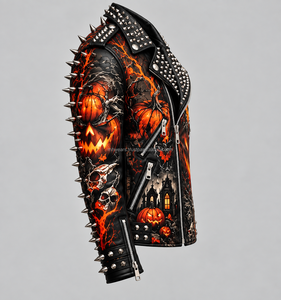 Blouson de moto coupe-vent en cuir PU pour homme, imprimé citrouille et crâne d'Halloween, style punk, fermeture éclair, rivets, coupe ajustée - Product Image 4