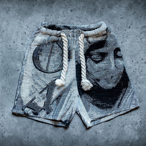 Pantalones Cortos Estampados 100% Algodón para Hombre con Cintura Ajustable, Estilo Casual Urbano, Diseño Artístico en Tono Gris, Logotipo Frontal - Product Image 5