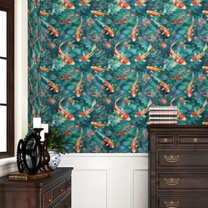 Carta da Parati Adesiva Vintage con Acquario Blu Verde Arancione e Fiori Viola Rosa, Adesivo Murale Effetto Acquerello - Product Image 4