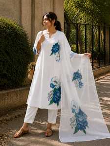 Cotton Floral Printed Kurta With Dupatta <b>Indian</b> Designer Wedding Party Wear Lilan Cotton Printed <b>Top</b> & Pant With Print Dupatta - Product Image 3