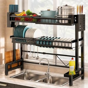 Égouttoir à vaisselle à 2 niveaux pour évier avec porte-ustensiles, organisateur de cuisine en métal noir - Product Image 1