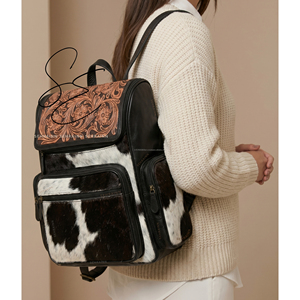 Vintage <b>Large</b> Travel Diaper Bag Tooled <b>Leather</b> Pony Hair On Hide Jumbo <b>Backpack</b> Rustic Western Cowhide <b>Backpack</b> For Mother's - Product Image 3
