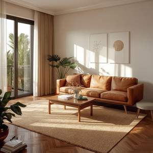 Canapé en cuir cognac de style mid-century, 3 places, avec pieds en bois, canapé moderne pour salon, meubles de luxe pour la maison, le hall d'hôtel - Product Image 5