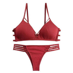 OEM Women's Summer Crossed Halter <b>Bikini</b> <b>Set</b> Hollow Straps Thong Bottoms Quick Dry Triangle Bra Drawstring Decoration - Product Image 1