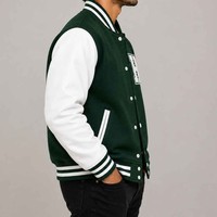 Vestes Varsity Vertes pour Hommes Style Preppy Logo H Brodé Col Revers Coupe Classique Vêtement d'Automne Coton Polyester
