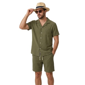 Conjunto de Verano para Hombre de Algodón Puro 160GSM, Color Sólido, Textura de Punto Waffle, Camisa Henley y Pantalones Cortos Casuales de Playa, Venta al Por Mayor - Product Image 1