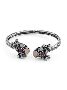 Vintage Tibetan <b>Silver</b> Cuff <b>Bracelet</b> Zircon Inlay Bezel Setting Crown Unisex Jewelry Gift Traditional Handcrafted Oxidized - Product Image 2