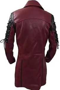 <b>Men's</b> Gothic Genuine <b>Leather</b> <b>Jacket</b> Breathable Wool Lining Long Slim Fit Stand Collar Zipper Closure Solid Color Regular Sleeve - Product Image 4