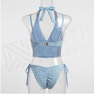 Women's Light <b>Blue</b> Halter <b>Bikini</b> <b>Set</b> With Tie Side Bottoms And Drawstring Detail Regular Fit Two Piece Swimwear - Product Image 2