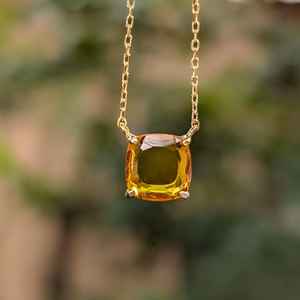 Collar de Citrino Amarillo Dorado Cuadrado, Plata de Ley 925, Chapado en Oro de 14K, Gema de Corte Brillante, Joyería, Regalo - Product Image 1