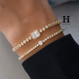 18K Gold Bezel-Set Tennis <b>Bracelet</b> with Emerald-Cut Halo Station – Elegant Gold Diamond <b>Bracelet</b> - Product Image 6