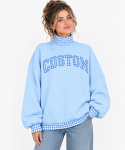 Sweat-shirt surdimensionné à col montant pour femme, motif à carreaux gingham brodé, pull en polaire rose, fabricant de streetwear personnalisé OEM - Product Image 6