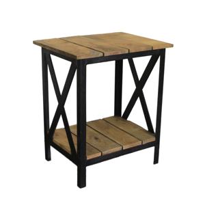 Table de chevet industrielle avec plateau en bois massif et structure en métal en X, table d'appoint à 2 niveaux pour salon, chambre à coucher, finition noire rustique - Product Image 4