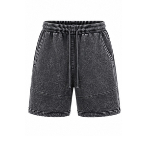Men's 100% Cotton Solid Acid Washed French Terry Fleece Eco-Friendly Anti-UV Quick Dry Sweat Shorts Sun Faded Raw Edges <b>Spray</b> - Product Image 2