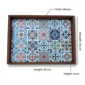 Plateau de service en bois au design floral moderne avec doublure à motifs, multifonctionnel pour le petit-déjeuner, les collations, la présentation à la maison, en cuisine ou pour un baptême - Product Image 3