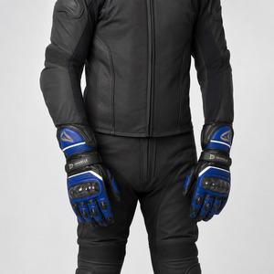 DRAVELLE INDUSTRY Racing Gloves Full Finger Leather Blue Black Adjustable Wrist <b>Strap</b> Hook And Loop Closure Outdoor Riding - Product Image 3