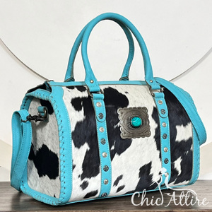 Luxury Turquoise Genuine Leather Cowhide Western Speedy <b>Bag</b> Handbag With Concho <b>Studded</b> Barrel Duffel Crossbody <b>Bag</b> for Unisex - Product Image 1
