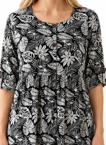Black White Floral Print Midi <b>Dress</b> V Neck Long Sleeve Fit and Flare Casual Party <b>Dress</b> - Product Image 6