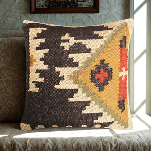 Cojín de Yute y Lana Hecho a Mano, Elegante Forma Cuadrada, Patrón Geométrico Abstracto, Tela Suave, Almohada para Hogar, Hotel y Viajes - Product Image 1