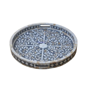 Plateau de service artisanal en bois noir avec incrustation de nacre, style marocain vintage, plateau décoratif pour la décoration de la maison - Product Image 5