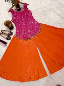 Pink Orange Salwar Kameez Set for Women Modern Designer Ethnic Crop <b>Top</b> Skirt Outfit All Party Wear <b>Indian</b> Traditional Dress - Product Image 2