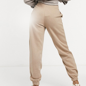 <b>Women's</b> <b>Beige</b> High Waist <b>Jogger</b> Sweatpants Loose Fit Full Length Elastic Cuff Side Pockets Solid Color Right Leg Custom Logo - Product Image 4