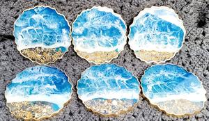 Beach inspired resin Handcrafted <b>Blue</b> Resin <b>Coasters</b> with Gold Accents - Elegant Decorative <b>Coaster</b> Set for Table and Home Decor - Product Image 5