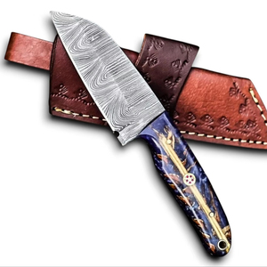 มีดล่าสัตว์แบบดรอปพอยต์ ใบมีดเหล็กดามัสกัส ODM/OEM ขนาด 8 นิ้ว คมกริบ ด้ามจับรูปทรงกรวยสน พร้อมปลอกหนังคุณภาพสูง - Product Image 1