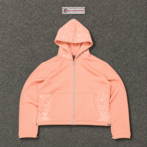 เสื้อฮู้ดซิปผู้ชายสีพีช แต่งลายเพชรขาว ดีไซน์โอเวอร์ไซส์ สไตล์สตรีทแวร์ ซิปยาวเต็มตัว รับผลิตตามสั่ง ขายส่ง - Product Image 5