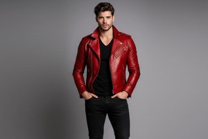 Veste formelle rouge en cuir tressé pour homme, col montant, lavée, écologique, respirante, coupe-vent, avec fermeture éclair, personnalisable - Product Image 3