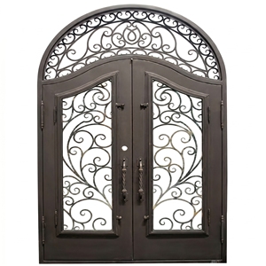 Modern Wrought Iron Double Entry Door with Arched Top and Scroll Design Water Resistant Finished Surface for Exterior Use - Product Image 1