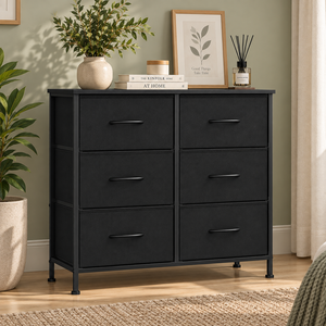 Modern Black <b>6</b>-<b>Drawer</b> Dresser with Metal Frame and Fabric Panels for Bedroom Storage - Product Image 4