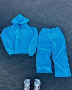 <b>Top</b> Quality Custom Rhinestone Tracksuits for Men Vintage <b>Zip</b> up Flared Sweatsuits Screen Print Letter Sweatpants and Hoodie Sets - Product Image 3