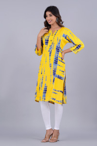 Women Yellow Tie <b>Dye</b> Printed Kurti with , 3/4 Sleeves Casual Ethnic Wear Straight Kurta for Daily Wear . - Product Image 3