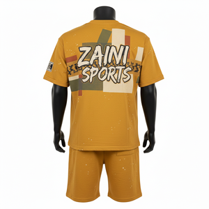 ชุดเสื้อยืดและกางเกงขาสั้นผู้ชาย ผ้าคอตตอนเจอร์ซีย์พรีเมียม GSM เนื้อนุ่ม ระบายอากาศได้ดี สีมัสตาร์ด พิมพ์ลายสกรีน โลโก้สั่งทำได้ - Product Image 2