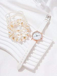 Reloj de Cuarzo Casual para Mujer 192026 con Correa de Cuero PU y Conjunto de Pulsera de Perlas - Product Image 2