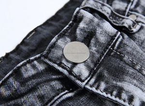 Jean en denim délavé coupe slim pour homme, jambe droite, taille mi-haute, décontracté, en coton lavable, design déchiré, style automne - Product Image 6