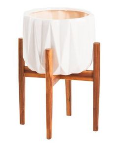 Modern Metal Flower <b>Pot</b> with Geometric Pattern on Wooden <b>Stand</b> for Indoor Desktop Use - Product Image 4